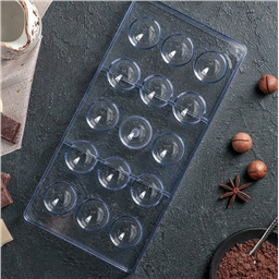 Форма для шоколада Полусфера, плотный пластик. Размер 28 см × 14 см × 3 см, 15 ячеек. Диаметр ячейки 3,3 см