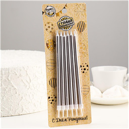 Свечи в торт Ройс, 6 шт, высокие, 13 см, серебристый металлик