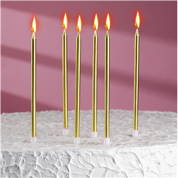 Свечи в торт Ройс, 6 шт, высокие, 13 см, золотой металлик